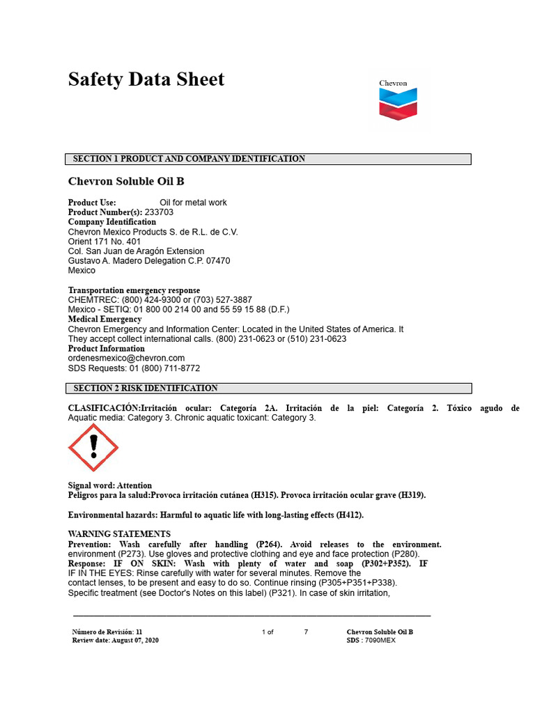 Chevron Soluble Oil B Safety Data Sheet | PDF | Occupational Safety And ...