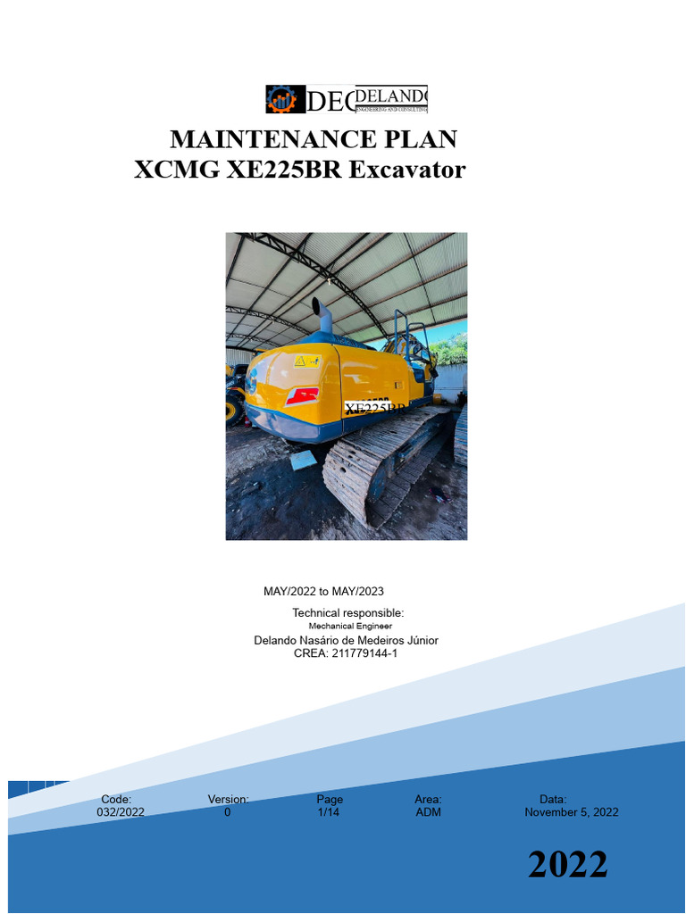 XCMG XE225BR Excavator Maintenance Plan | PDF | Motor Oil | Bearing ...