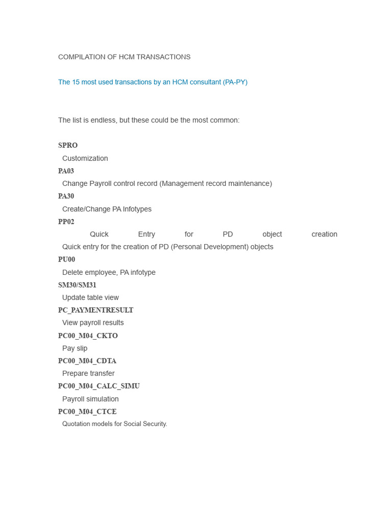 SAP HCM Transaction Summary | PDF | Payroll | Employee Relations