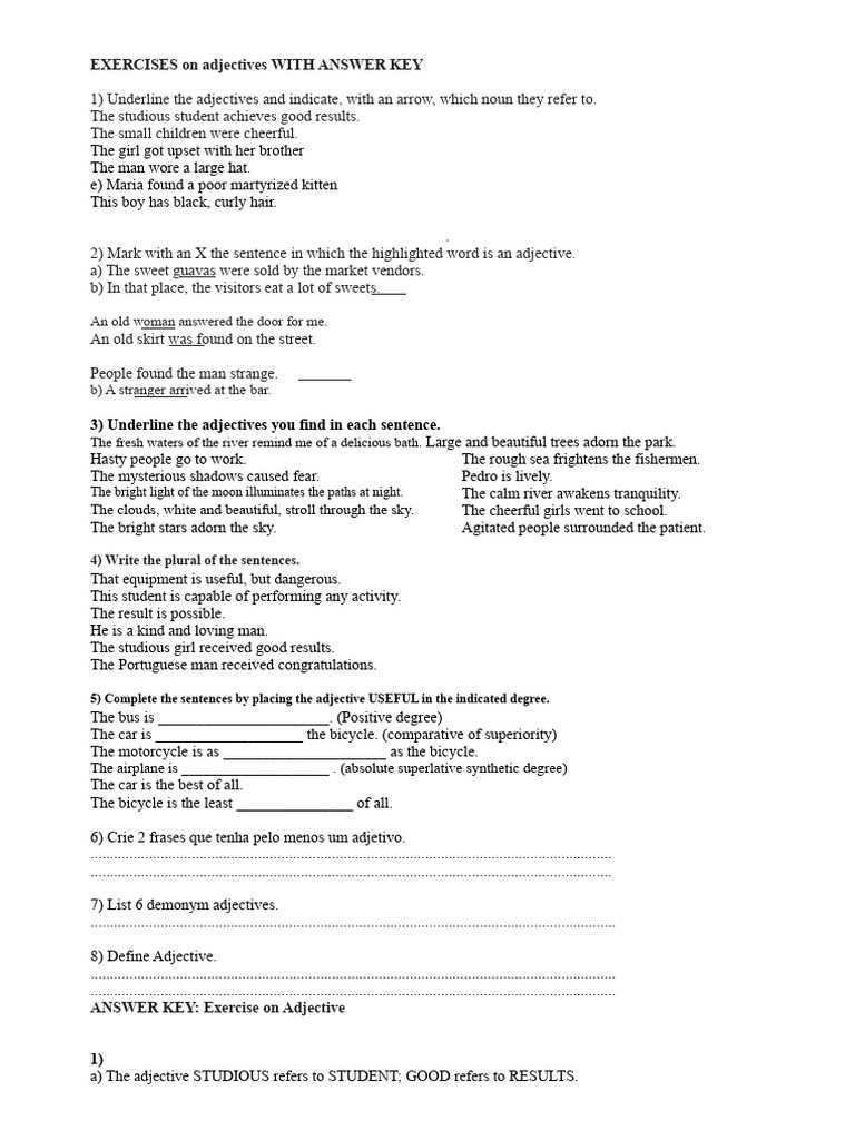 Adjective Exercises with Answer Key | PDF | Adjective | Grammatical Gender