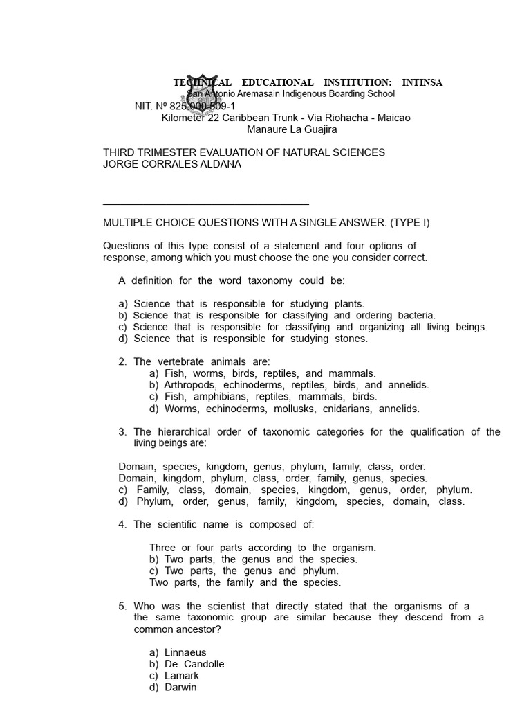 Natural Sciences Evaluation Questions | PDF | Taxonomy (Biology) | Species