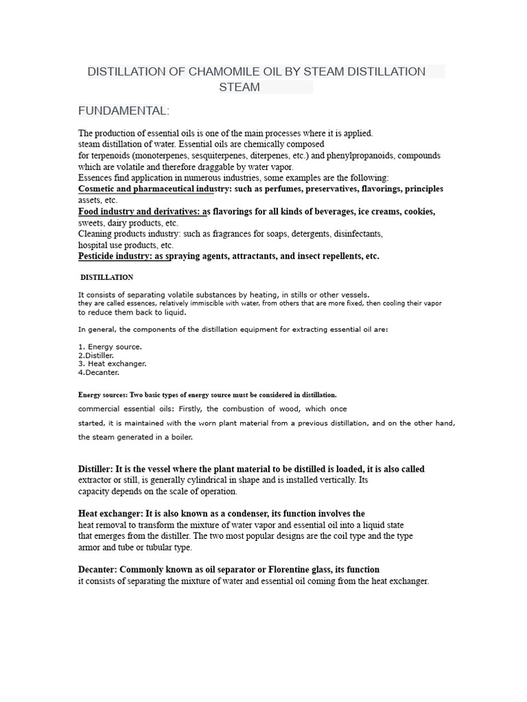 Chamomile Oil Steam Distillation Guide | PDF | Distillation | Essential Oil