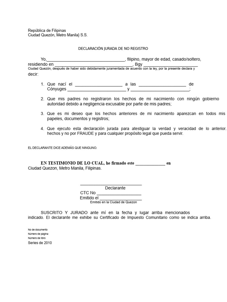 Declaración Jurada de No Registro | PDF