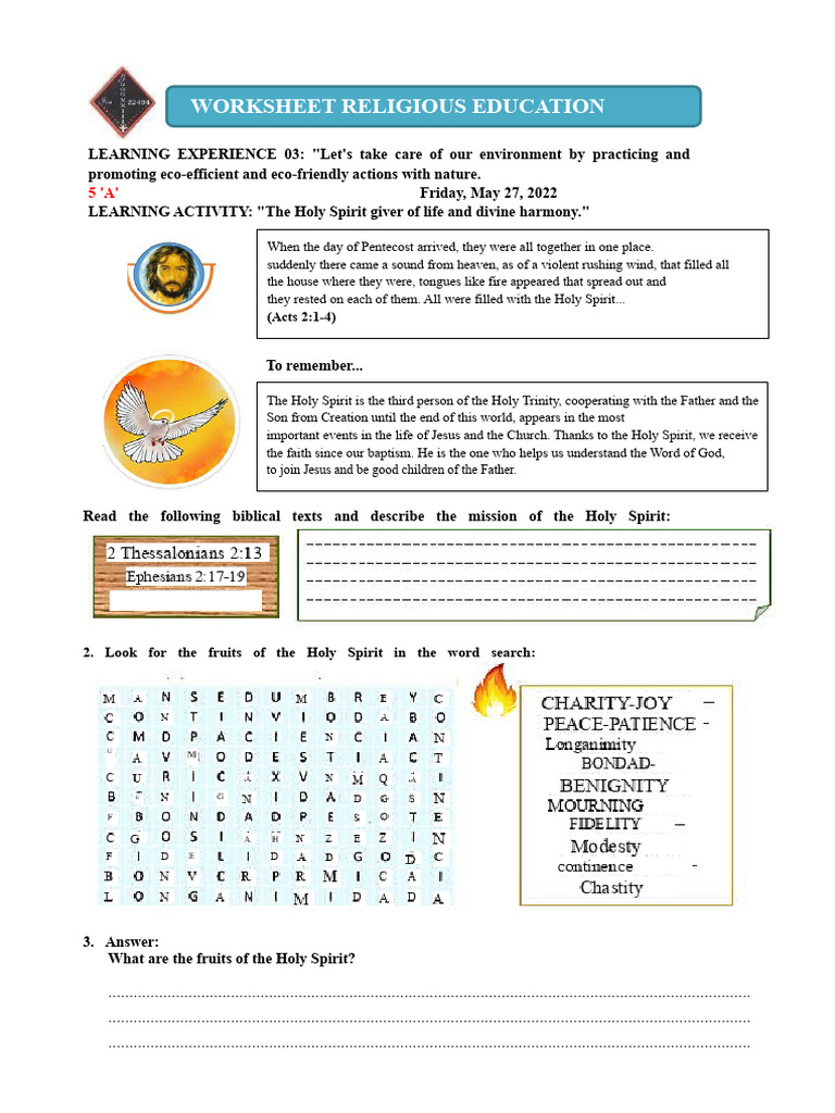Holy Spirit Worksheet for Education | PDF | Holy Spirit | Pentecost