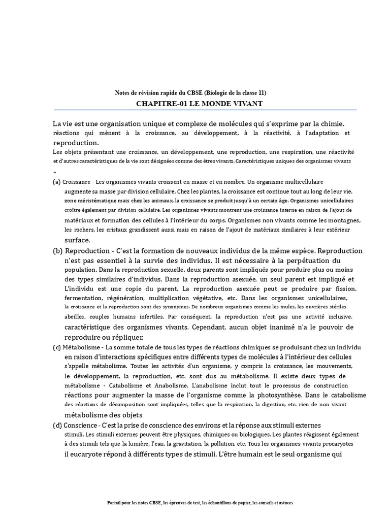 Caractéristiques des êtres vivants en biologie | PDF | Métabolisme ...