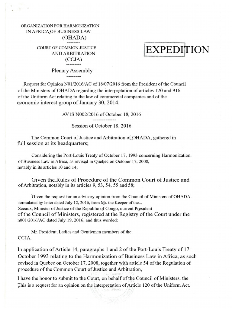 Opinion CCJA OHADA Oct 16 - 120 Specific Activities | PDF