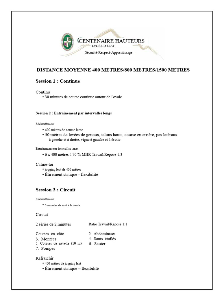 Entraînement 400m-800m-1500m | PDF | Sports athlétiques | Course à pied