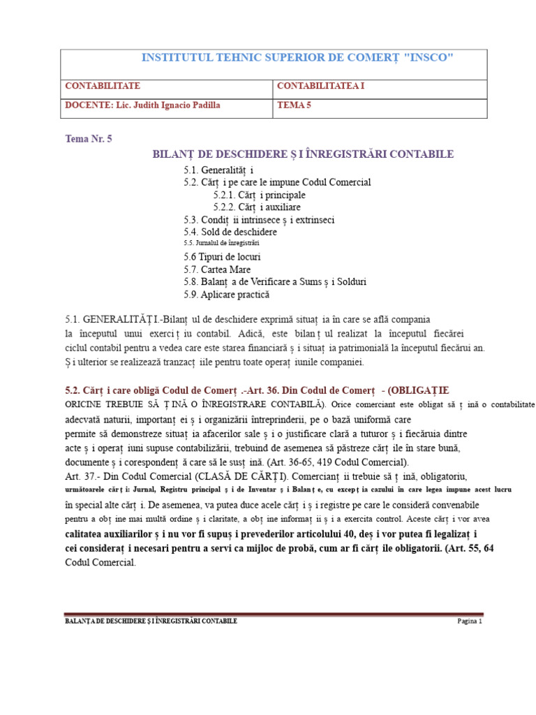 Soldul de Deschidere Și Înregistrările Contabile | PDF