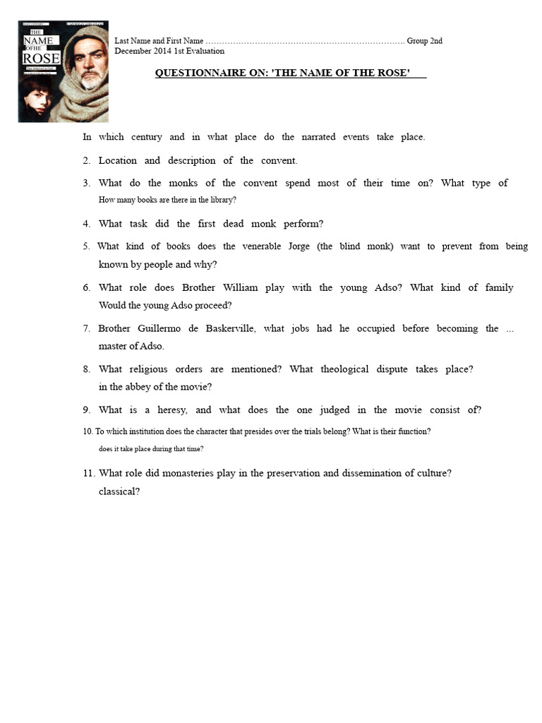 The Name of The Rose Questionnaire | PDF