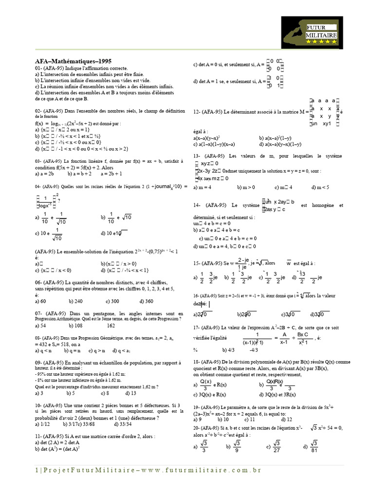 Problèmes de mathématiques AFA 1995 | PDF | Déterminant | Fonction ...