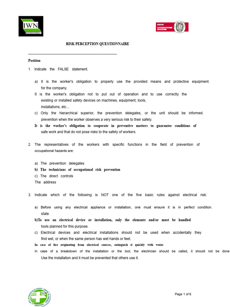 Risk Perception and Safety Questionnaire | PDF | Personal Protective ...