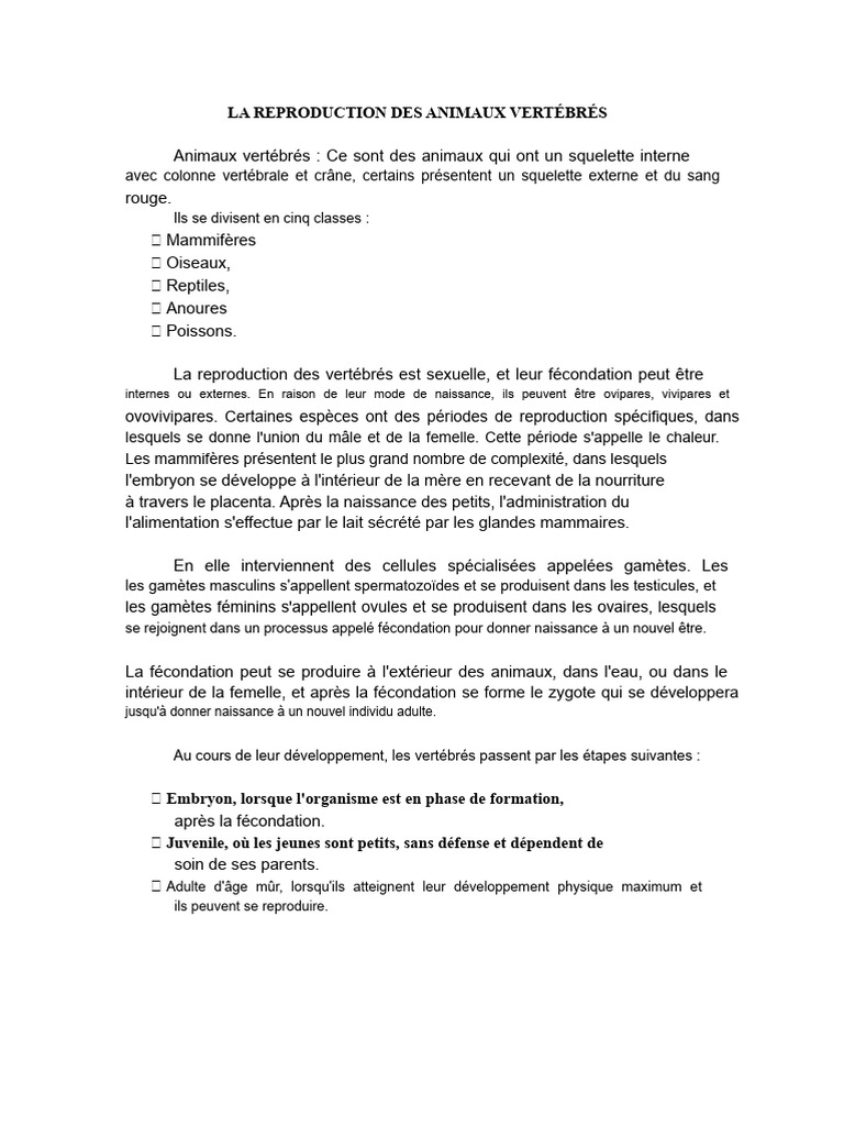 Reproduction des animaux vertébrés | PDF | Fécondation | Amphibiens