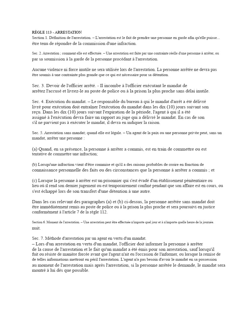 Règle 113 : Procédure d'Arrestation | PDF | Arrestation | Droits de l'homme