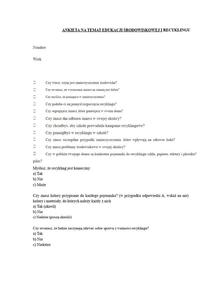 Ankieta Na Temat Edukacji Środowiskowej I Recyklingu | PDF