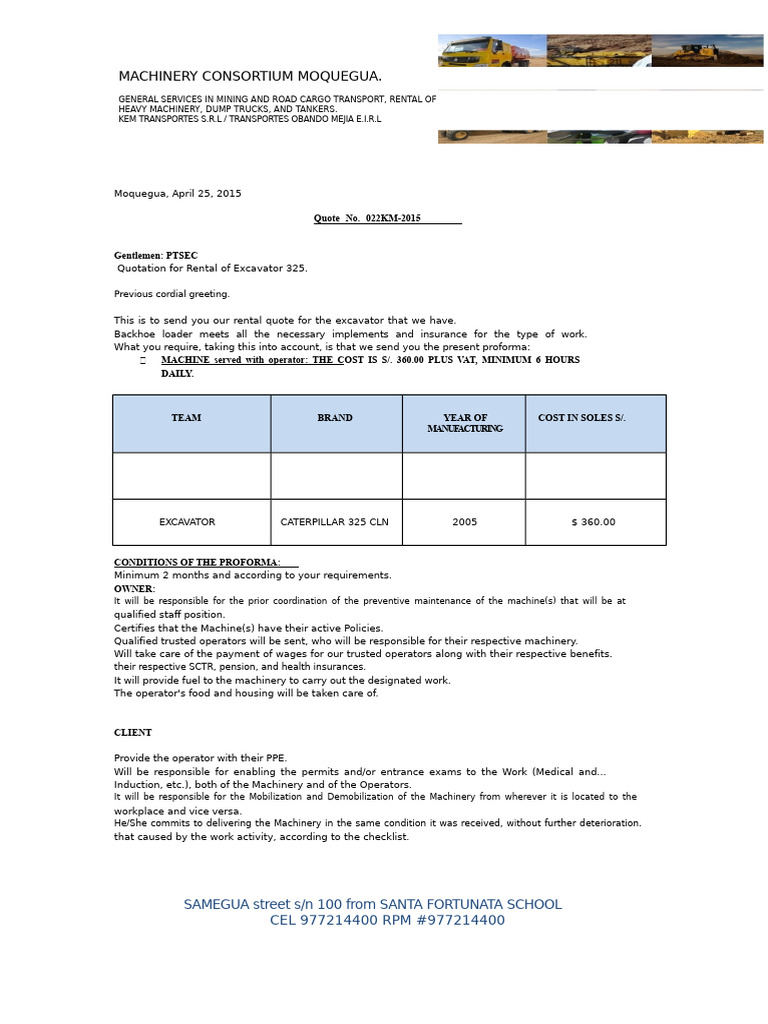 Excavator Rental Quote for PTSEC | PDF