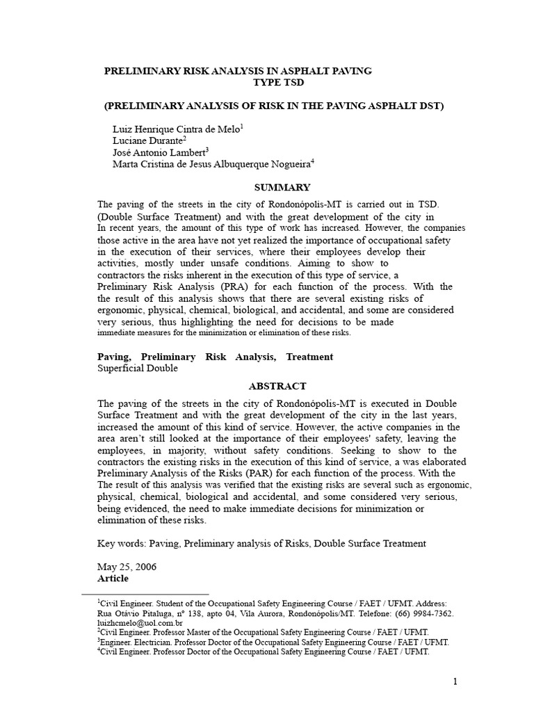 Preliminary Risk Analysis in TSD Type Asphalt Paving | PDF | Road ...