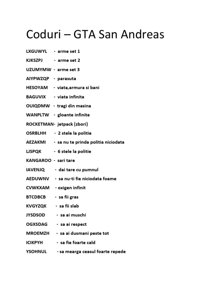 Coduri Gta San Andreas _ Tous les codes de triche GTA San Andreas – DUCY