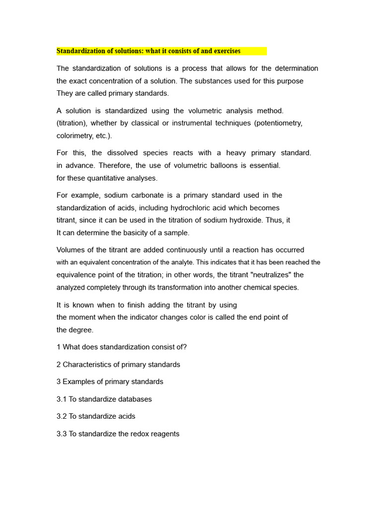Standardization of Solutions Explained | PDF | Titration | Chemistry