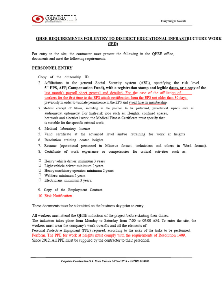 Requirements For Entry To Work | PDF | Occupational Safety And Health ...