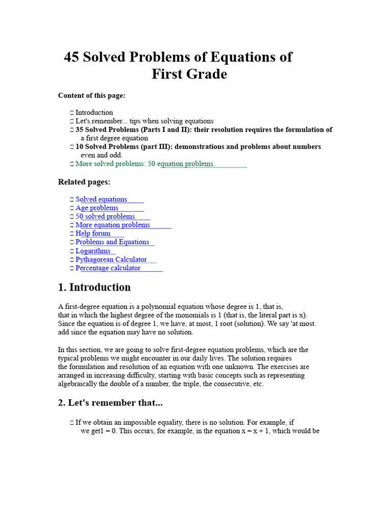 45 First Grade Equation Problems | PDF | Numbers | Equations