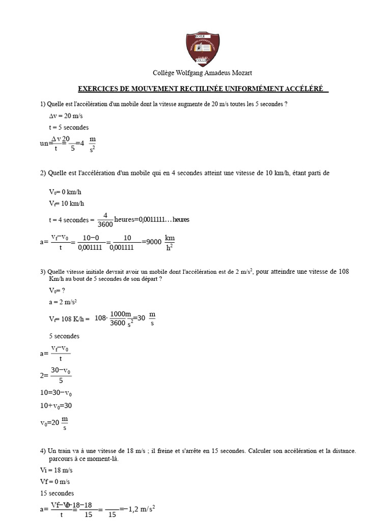 Exercices sur le mouvement rectiligne uniformément accéléré | PDF ...