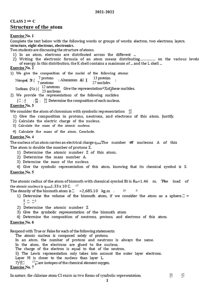 Exercises On The Structure of Atoms 2021-2022 | PDF | Atoms | Atomic ...