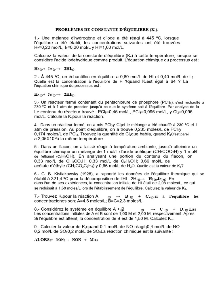 Problèmes de constante d'équilibre K | PDF | Équilibre chimique | Chimie