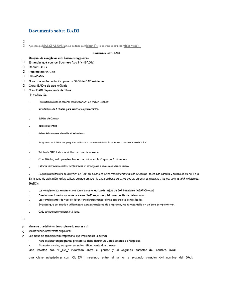 Documento de SAP Sobre BADI | PDF | Método (programación de computadora ...