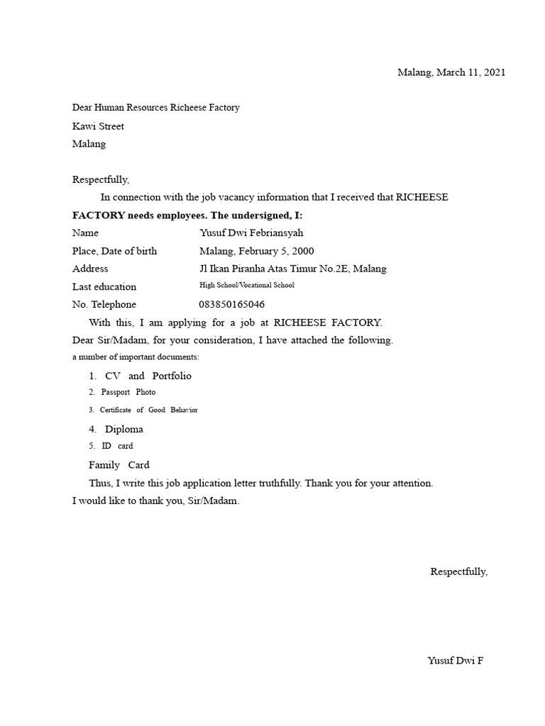 Job Application Letter (CS Counter) Yusuf Dwi Febriansyah | PDF