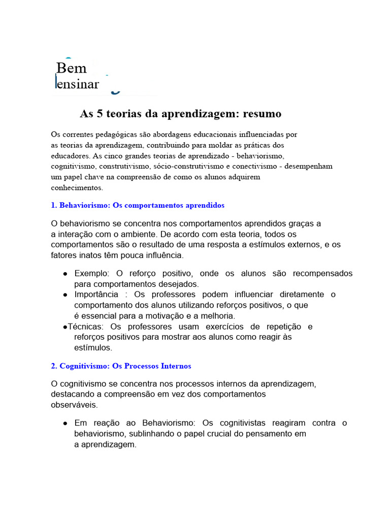 5 Teorias da Aprendizagem Explicadas | PDF | Aprendizado | Behaviorismo