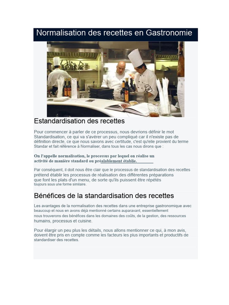 Standardisation des Recettes en Gastronomie | PDF | Gastronomie ...