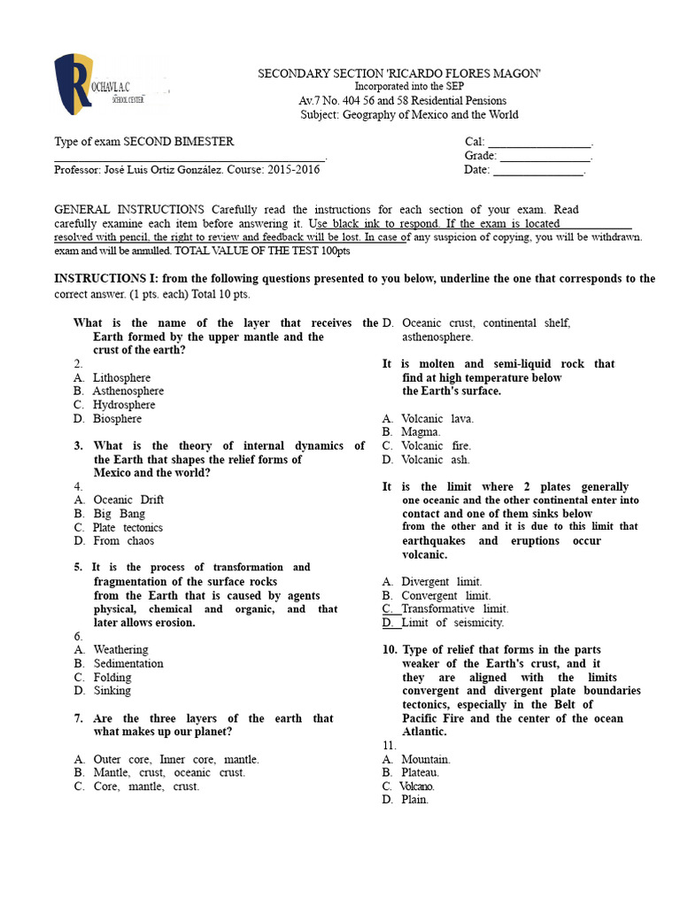 Geography Exam: Mexico & World Concepts | PDF | Plate Tectonics | Volcano