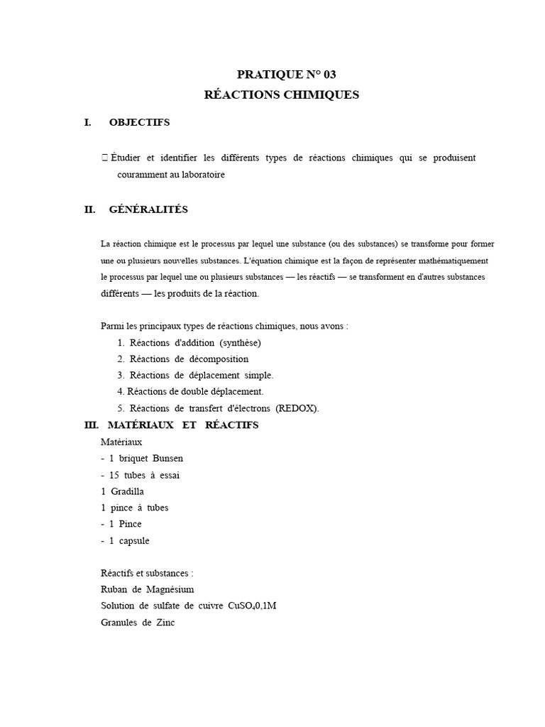 Types de Réactions Chimiques en Laboratoire | PDF | Chimie | Cuivre