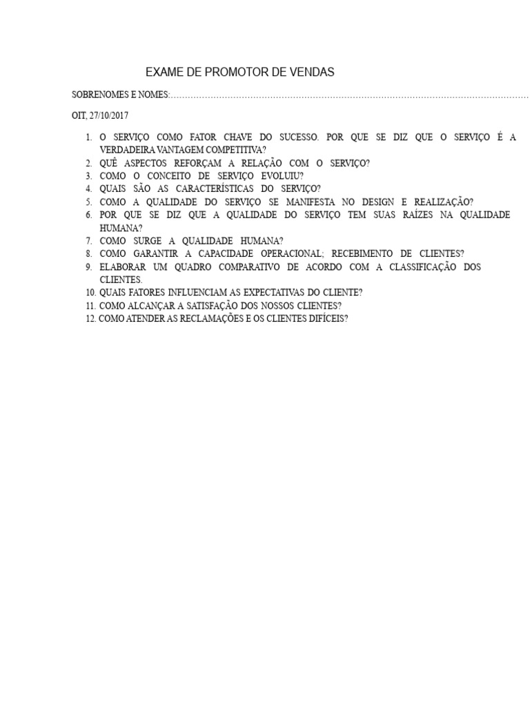 Exame de Promotor de Vendas | PDF