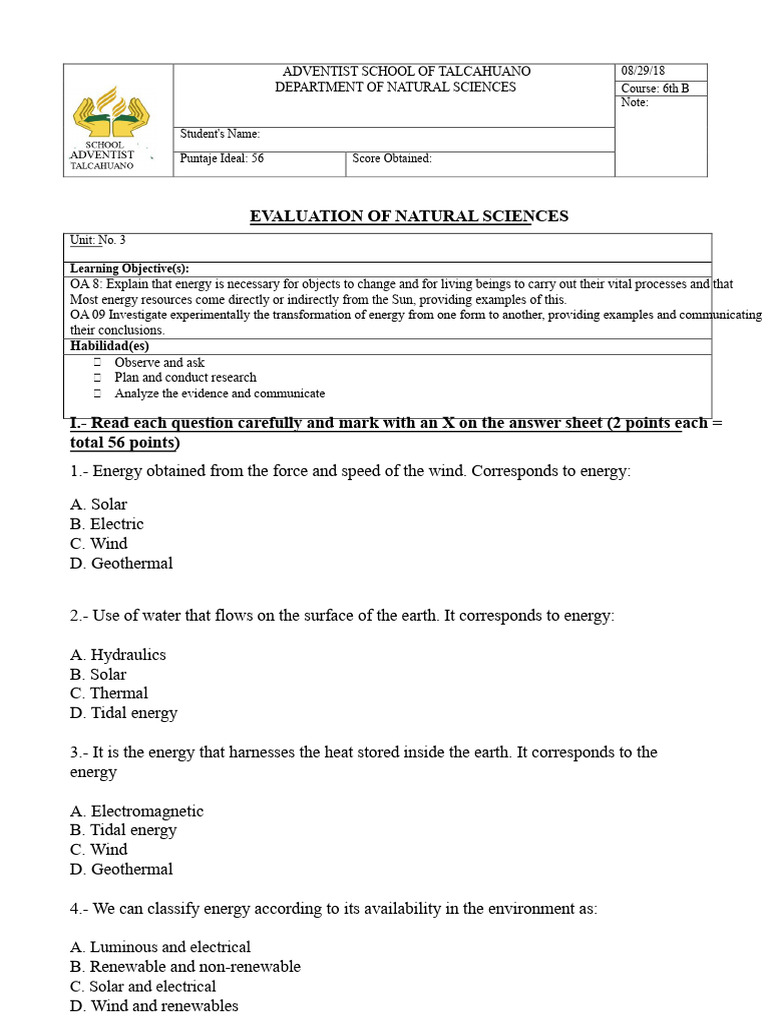 Natural Sciences Energy Evaluation Test | PDF | Solar Energy ...