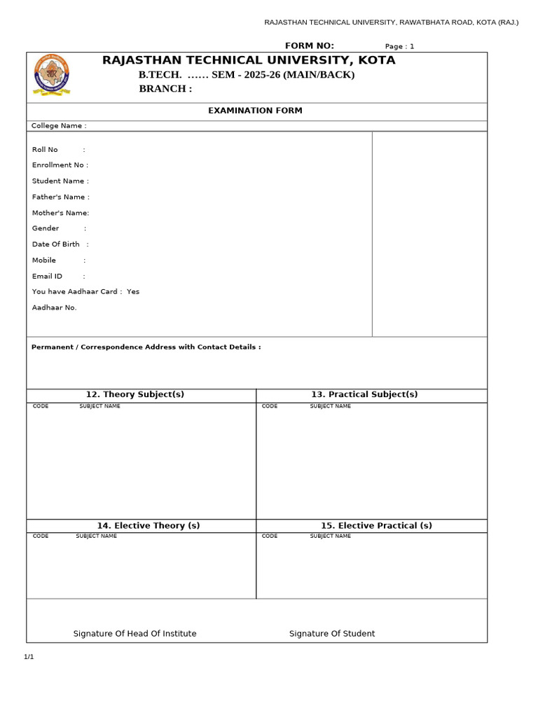 B.Tech Exam Form 2025-26 Rajasthan | PDF