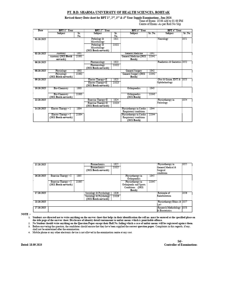 BPT Supplementary Exam Date-sheet Jan 2025 | PDF | Physical Therapy ...