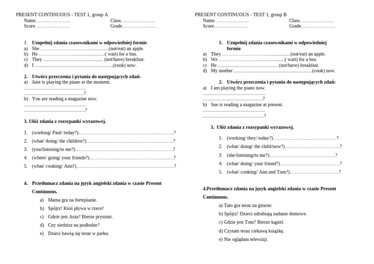 Present Cont - 2cgimn - Test | PDF