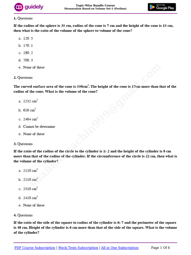 Mensuration Volume Questions Set-1 | PDF | Sphere | Area