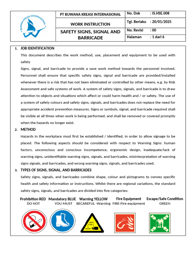 IS - HSE.008 - Safety Sign Signals Barricades | PDF | Safety | Risk