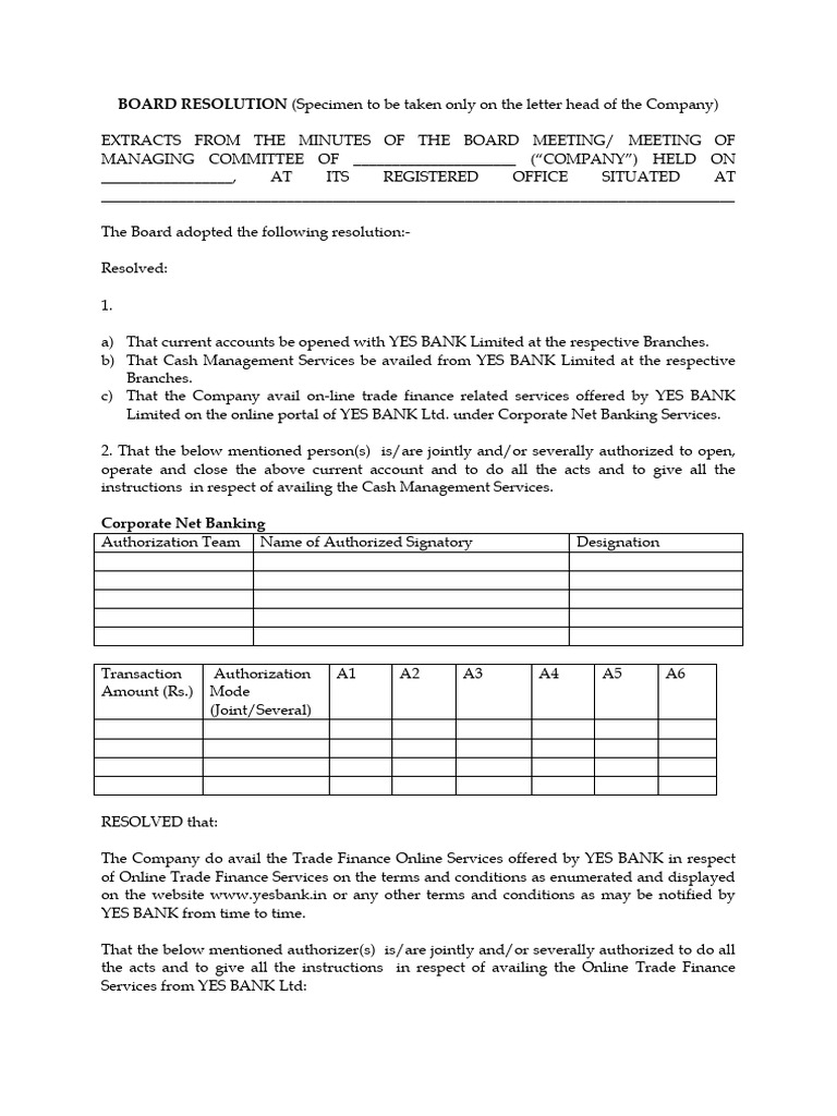 Board Resolution for Trade Finance Services | PDF | Overdraft | Banks