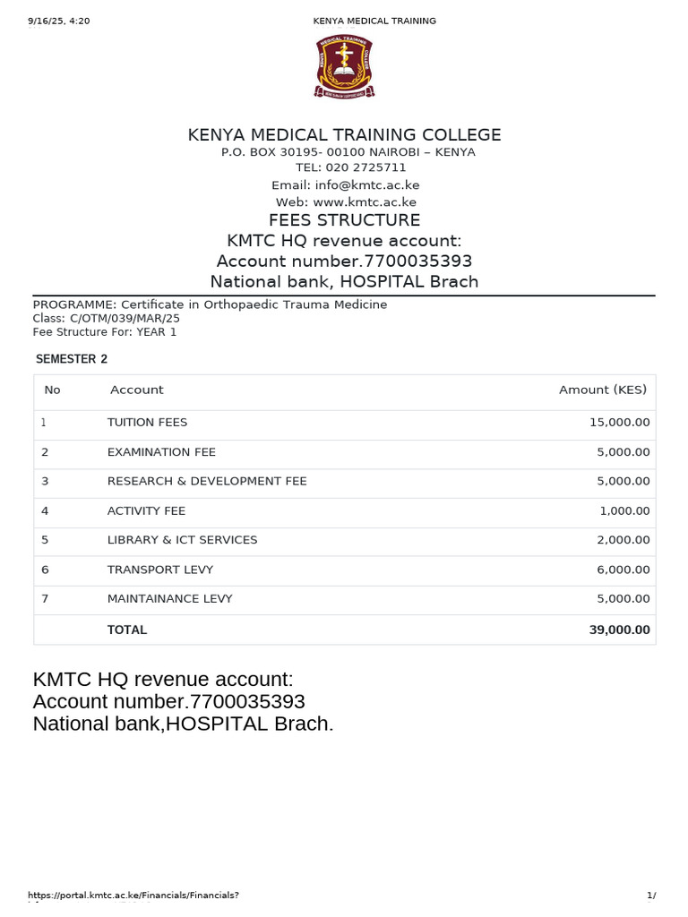 KMTC Fees Structure for Year 1 | PDF