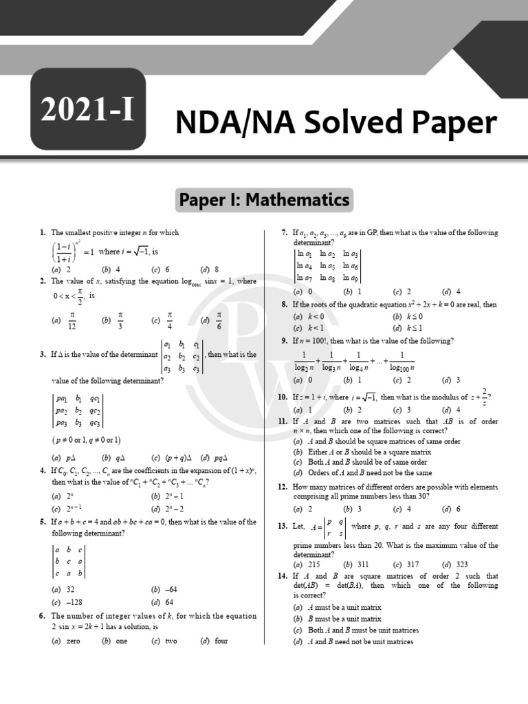 NDA/NA 2021-I Mathematics Solved Paper | PDF | Elementary Mathematics ...