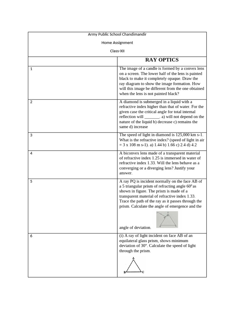 Ray Optics Assignment for Class XII | PDF | Refraction ...