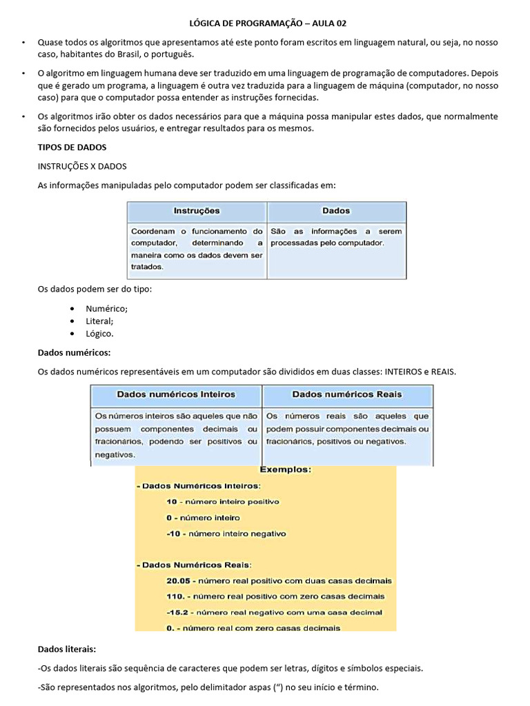 Tipos de Dados e Variáveis em Programação | PDF | Algoritmos | Informação