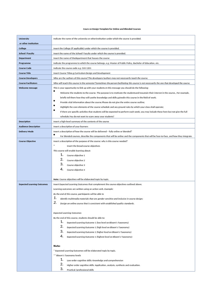 Course Design Template for Online Learning | PDF | Learning | Education ...