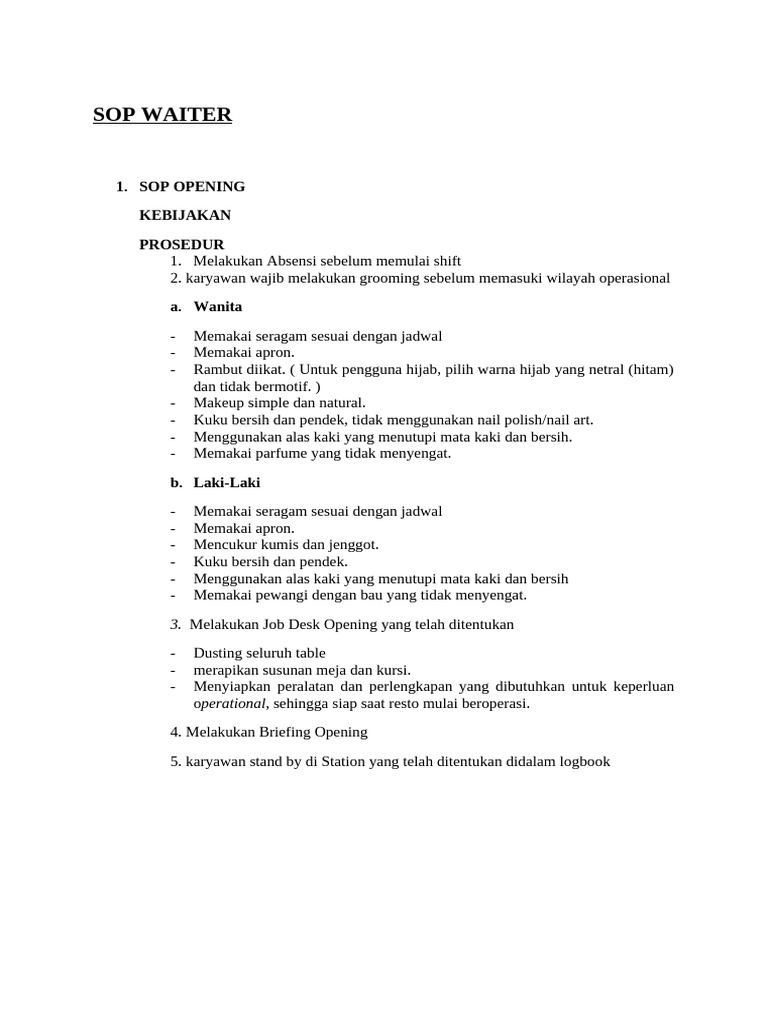 SOP Waiter: Prosedur Pelayanan Resto | PDF