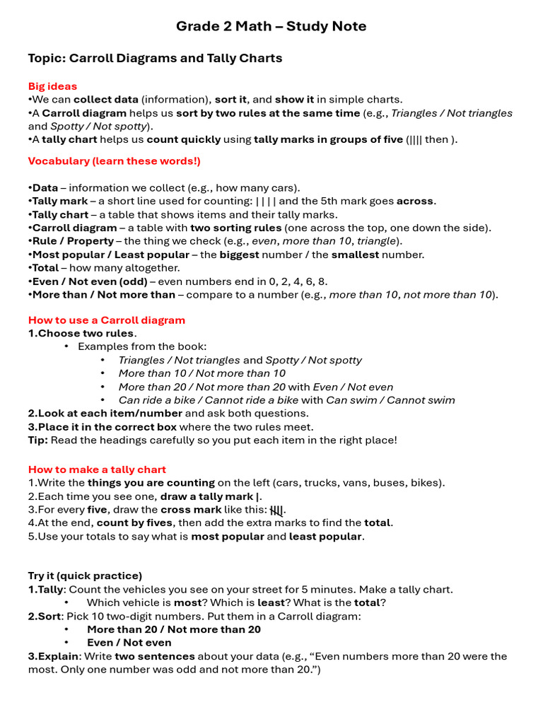 Carroll Diagrams & Tally Charts Guide | PDF