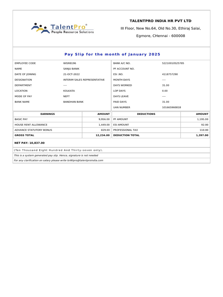 January 2025 Pay Slip for Sanju Banik | PDF | Taxation | Government ...