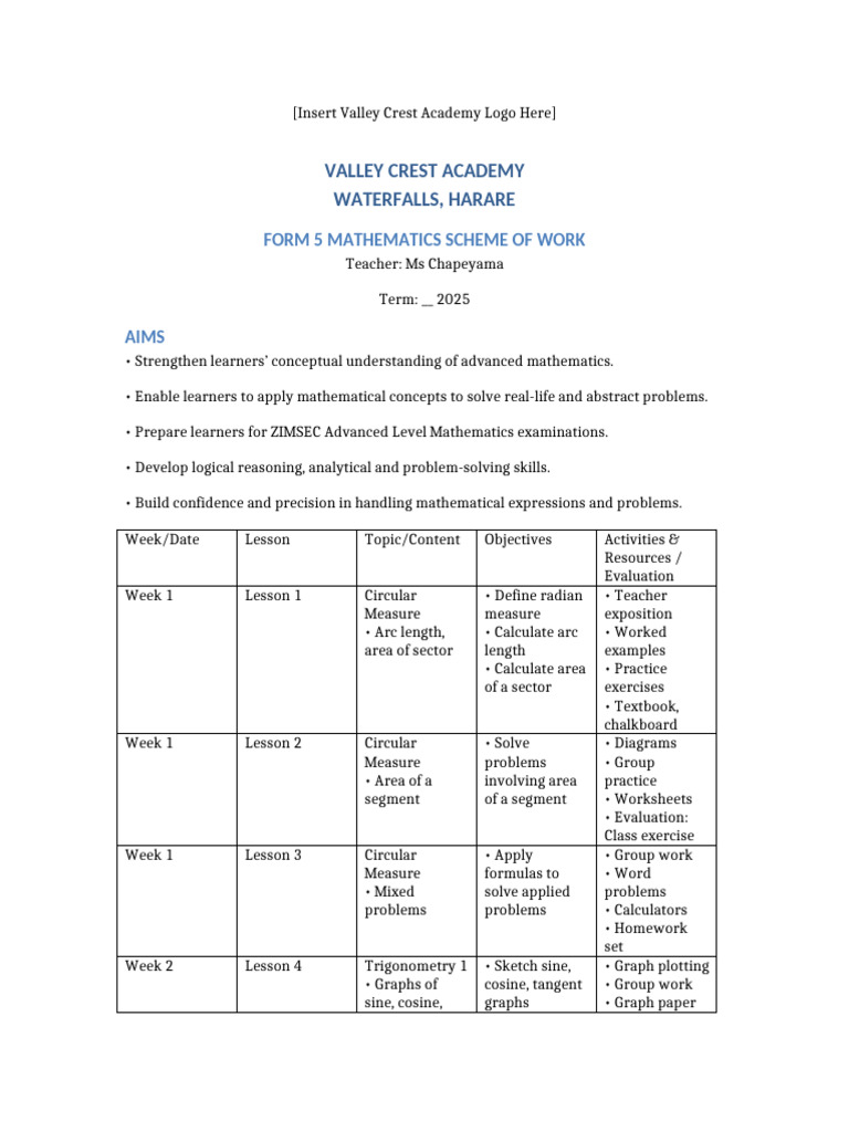 Form 5 Mathematics Scheme of Work | PDF | Trigonometric Functions ...